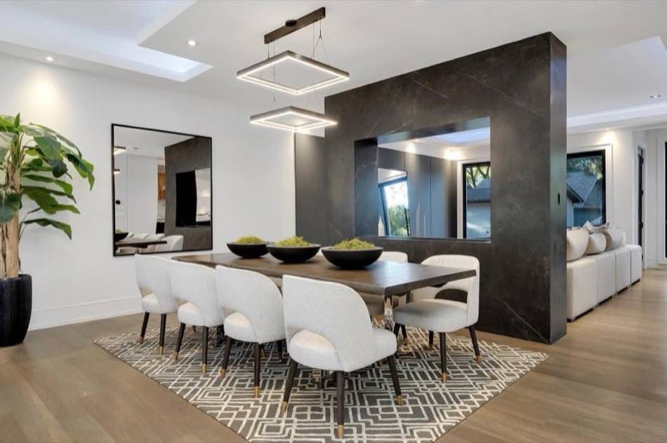Dining room with stone feature wall