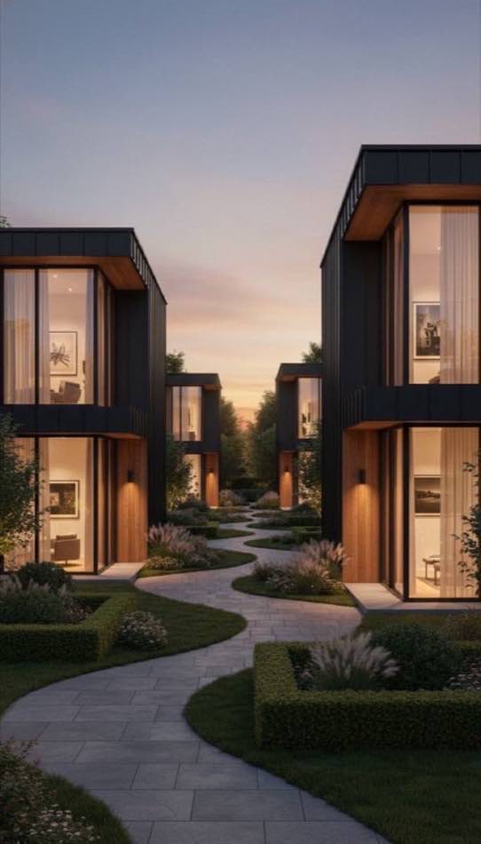 Cluster of modern garden suites at twilight