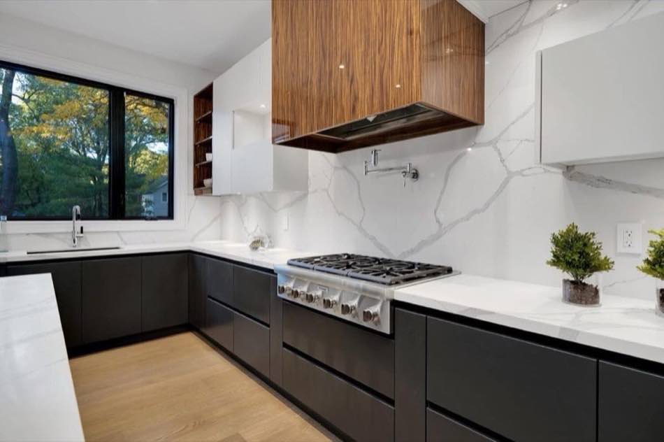 Designer chef's kitchen with marble island